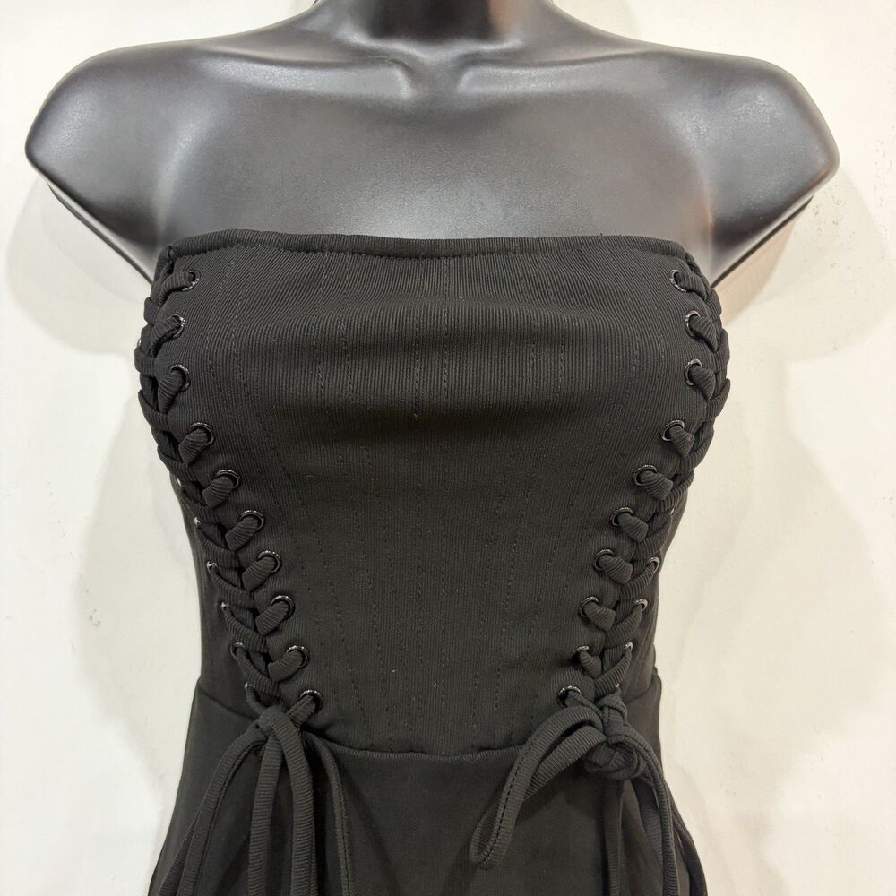 Strapless Black Corset Style Lace Up Bodycon Mini Dress Size Small - Picture 4 of 7